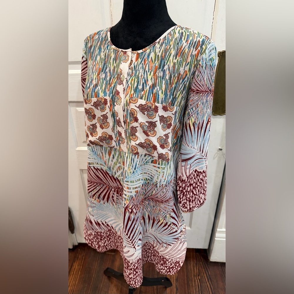 Fig & Flower Women's Size Sm Popover Top Tunic Floral Palm Front Pocket Rn69791